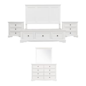 Celosia 5pc King Bed Frame Bedroom Suite Bedside Dresser Mirror Package – White