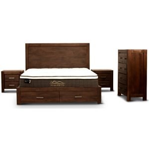 Comfortis 4pc King Bed Frame Suite Bedside Tallboy Furniture Package – Walnut