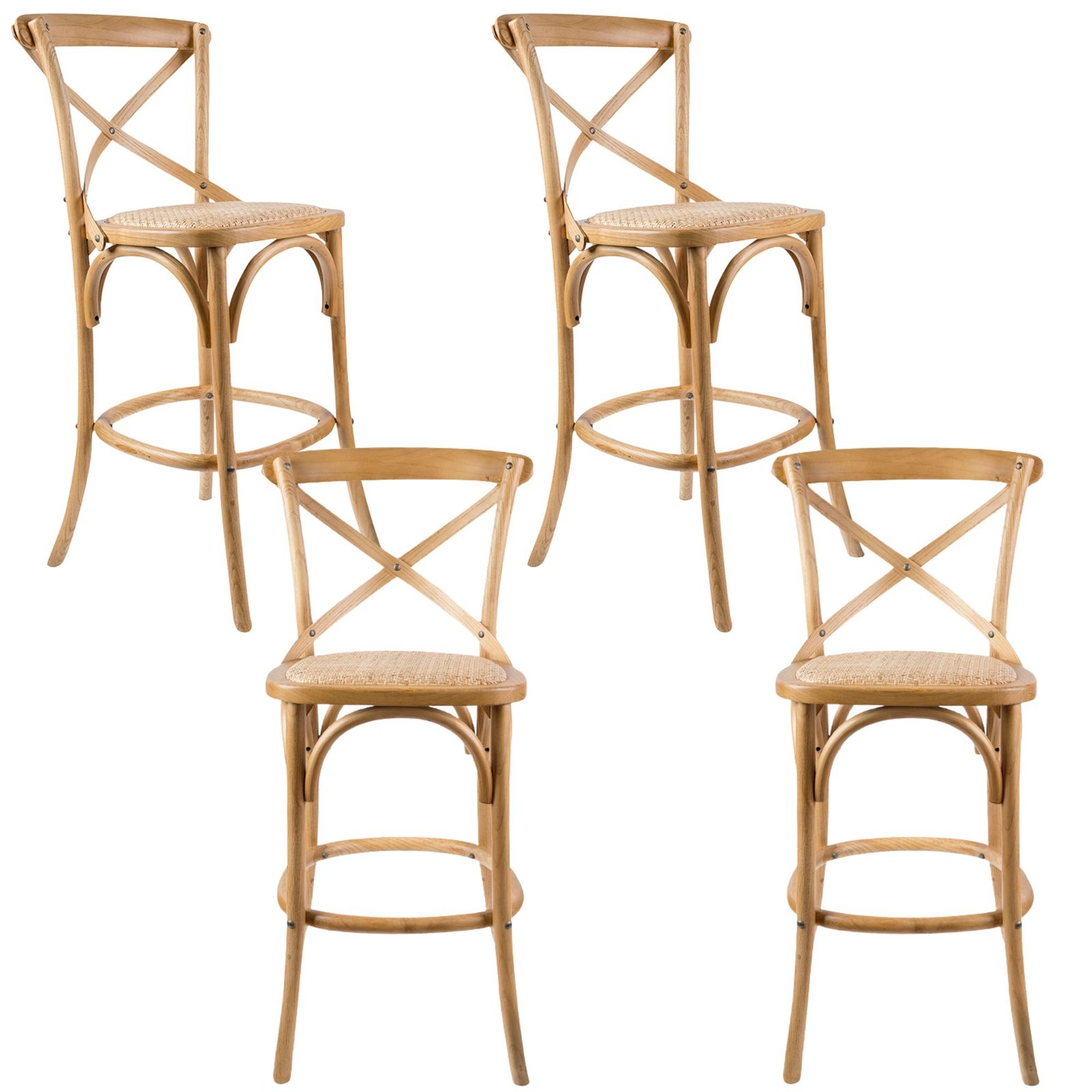 Aster 4pc Crossback Bar Stools Dining Chair Solid Birch Timber Rattan Seat – Oak