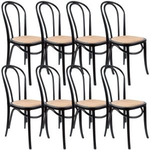 Azalea Arched Back Dining Chair 8 Set Solid Elm Timber Wood Rattan Seat – Black