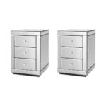 Artiss Set of 2 Bedside Table 3 Drawers Mirrored Glass - PRESIA Silver