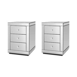 Artiss Set of 2 Bedside Table 3 Drawers Mirrored Glass – PRESIA Silver