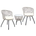 Gardeon 3PC Bistro Set Outdoor Furniture Rattan Table Chairs Patio Garden Cushion Grey
