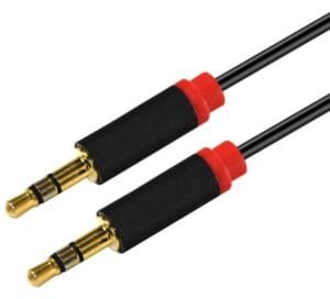 ASTROTEK 2m Stereo 3.5mm Flat Cable Male to Male Black with Red Mold – Audio Input Extension Auxiliary Car Cord