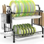 Stainless Steel 2-Tier Dish Drying Rack with Utensil Holder, Cutting Board Holder and Dish Drainer for Kitchen Counter (Black)