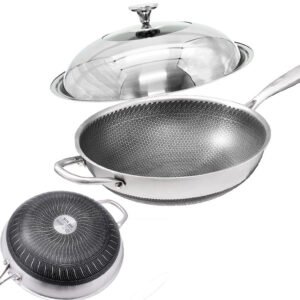 32cm 304 Stainless Steel Non-Stick Stir Fry Cooking Kitchen Honeycomb Wok Pan with Lid