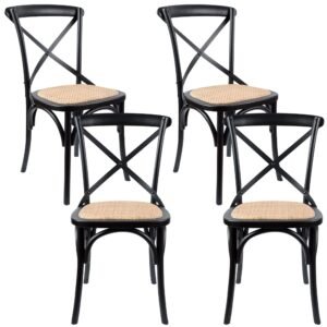 Aster Crossback Dining Chair Set of 4 Solid Birch Timber Wood Ratan Seat – Black