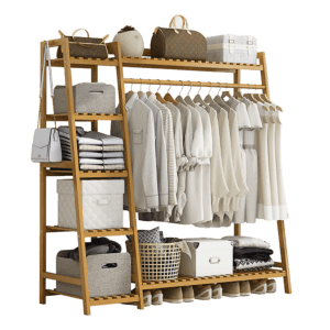 Portable Clothes Rack Coat Garment Stand Bamboo Rail Hanger Airer Closet