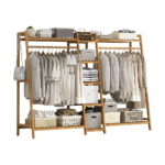 Portable Clothes Rack Coat Garment Stand Bamboo Rail Hanger Airer Closet