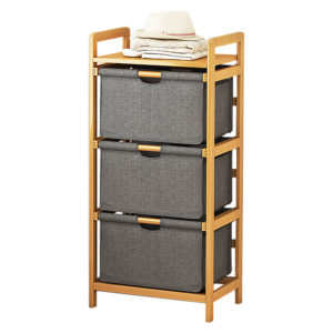 Bamboo Shelf with Storage Hamper – Wooden Organiser with 3 Removable Laundry Bags