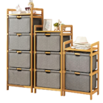 Bamboo Shelf with Storage Hamper – Wooden Organiser with Three-Set Rack Removable Laundry Bags