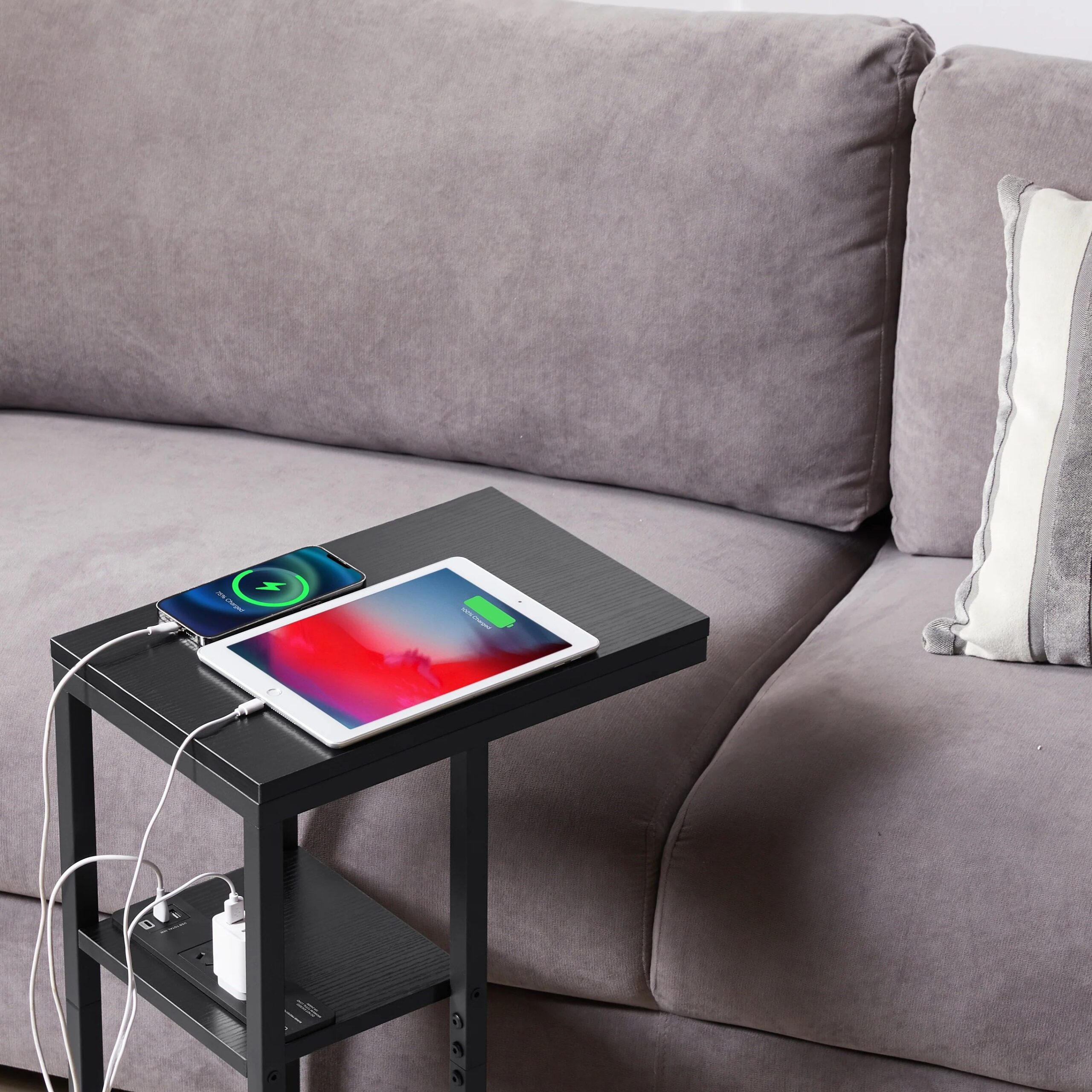 E-Shaped Sofa Side Table with Power Board, Black - Wood Factory Furniture