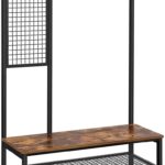 Coat Rack Stand Industrial Style with Grid Wall and Shoe storage 185 cm Tall Rustic Brown