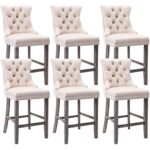 6X Velvet Bar Stools with Studs Trim Wooden Legs Tufted Dining Chairs Kitchen
