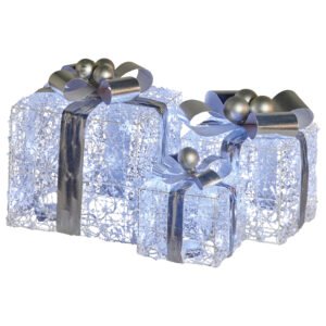 Swishmas Set Of 3 Christmas Gift Boxes With Lights With Jewelled Wire And Silver Bows