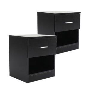2X Bedside Table Side Storage Cabinet Nightstand Bedroom 1 Drawer 1 Shelf ELLA – BLACK
