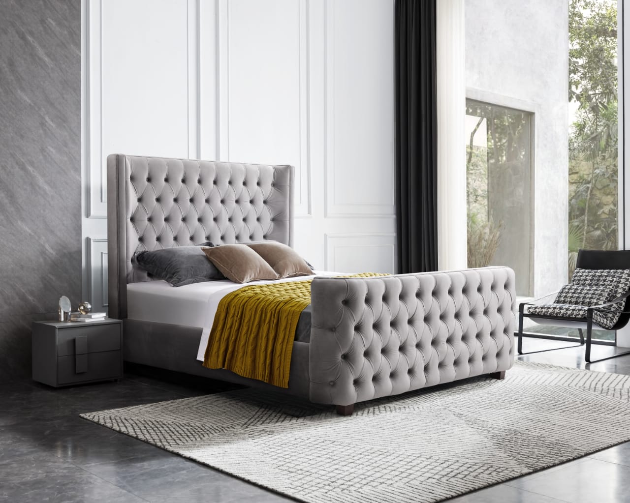 Milan Grey Velvet Tufted Headboard and End board Bed Frame – Queen