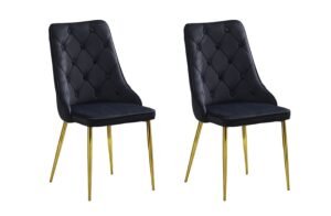 Button Tufted Black with Gold Legs Dining Chairs – Set of 4