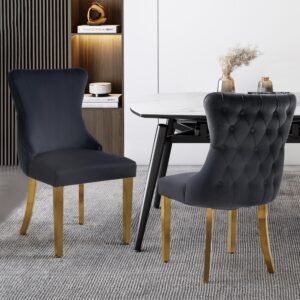 Paris Black Velvet  & Gold Polished Steel Upholstered Dining Chairs Tufted Back – Set of 2