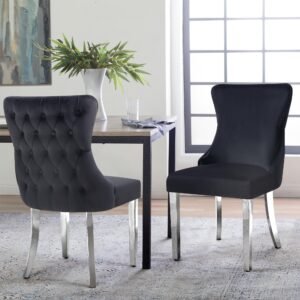 Paris Black Velvet  & Silver Polished Steel Upholstered Dining Chairs Tufted Back – Set of 2
