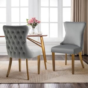 Paris Dark Grey Velvet  & Gold Polished Steel Upholstered Dining Chairs Tufted Back – Set of 2