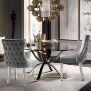 Paris Dark Grey Velvet  & Silver Polished Steel Upholstered Dining Chairs Tufted Back – Set of 2