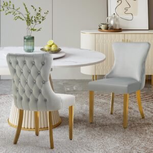 Set of 2 – Paris Light Grey Velvet  & Gold Polished Steel Upholstered Dining Chairs Tufted Back