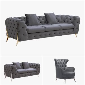 Grand Tufted Lounge – Dark Grey Velvet – Gold Legs