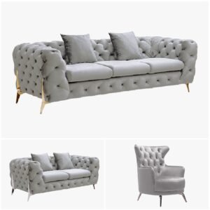 Grand Tufted Lounge – Light Grey Velvet – Gold Legs