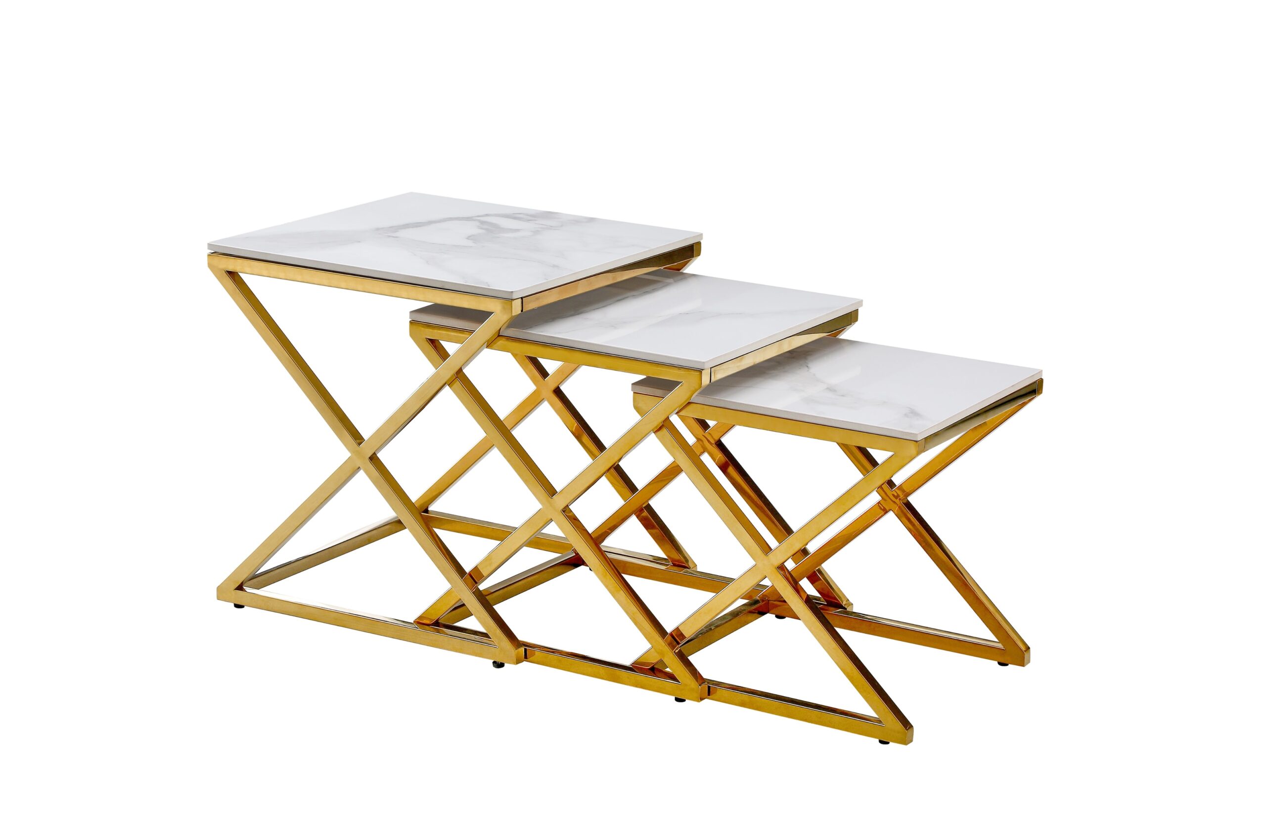 Bella Set of 3 Gold Side Table – White Marble