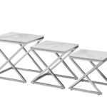 Bella Set of 3 Silver Side Table - White Marble