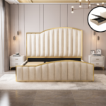 Elegant Luxury King Size Bedframe in Beige with Gas Lift Storage Velvet Fabric Golden Trim