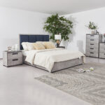 Queen 4 Pcs Bedroom Suite with Tallboy Fabric Upholstery MDF Combination of Black & Cement Colour