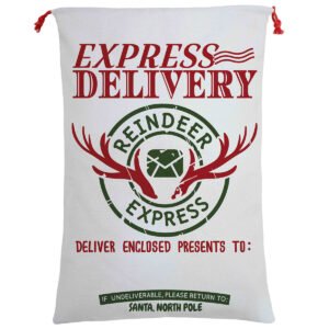 50x70cm Canvas Hessian Christmas Santa Sack Xmas Stocking Reindeer Kids Gift Bag, Cream – Reindeer Express (B)