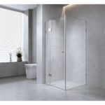 120x90cm Corner Frameless Shower Screen with Black Wall F-Brackets and SS Hinges, Round Knob Handle