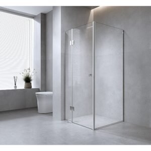 90x80cm Corner Frameless Shower Screen with Chrome Channel and Brass Hinges, Round Knob Handle