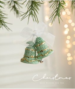 Green Glitter Christmas Bell Ornaments with White Bow – Hanging Holiday Decoration 5 pieces