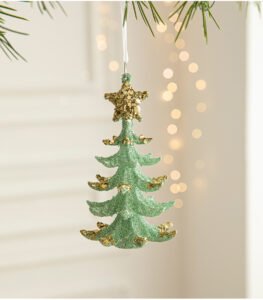 Green Glitter Christmas Tree Ornament with Gold Star Top – Hanging Festive Decoration 5 pieces