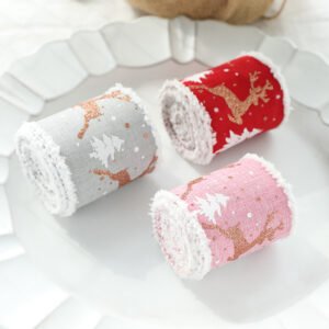 Christmas-Themed Decorative Wired Ribbon Burlap‚Äì Reindeer and Tree Print Rolled Fabric Set ,Diameter 6.8 cm, length 2 cm (two set, 6 pieces in total)