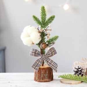 Mini Rustic Christmas Tree Decoration ‚Äì 9.84 Inches Tall with Cotton and Plaid Bow Accents (4 trees)