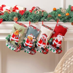 Set of 4 Christmas Stockings with Santa, Reindeer, Snowman, and Teddy Bear – Holiday Mantel Decor