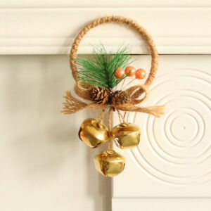 Rustic Christmas Ring Ornament with Gold Bells and Pinecones – Holiday Hanging Decor 10 pieces