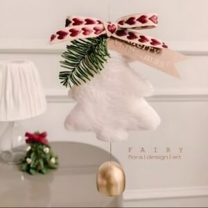 White Velvet Christmas Tree Ornament with Golden Bell and Ribbon – Elegant Holiday Decor (5 pieces)