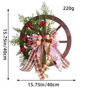 Decorative Wooden Wagon Wheel Wreath with Seasonal Flowers and Bows – Christmas Decorative Door Hanging 40CM