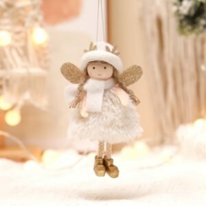 Winter Angel Ornament with Gold Glitter Wings and White Scarf – Christmas Tree Hanging Decoration 15*9 cm White colour (5 pieces)