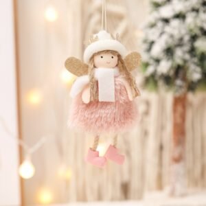 Winter Angel Ornament with Gold Glitter Wings and White Scarf – Christmas Tree Hanging Decoration 15*9 cm Pink colour (5 pieces)