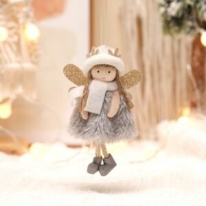 Winter Angel Ornament with Gold Glitter Wings and White Scarf – Christmas Tree Hanging Decoration 15*9 cm Grey colour (5 pieces)
