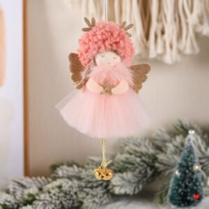 Gold and White Angel Ornament with Bells and Glitter Wings – Christmas Hanging Decoration 16*10*5cm Pink colour (5 pieces)