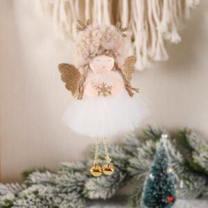 Gold and White Angel Ornament with Bells and Glitter Wings – Christmas Hanging Decoration 16*10*5cm Coffee colour (5 pieces)