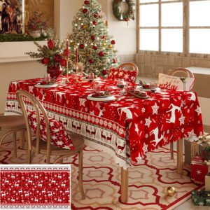 Christmas Reindeer Pattern Tablecloth – Festive Red Holiday Table Cover for Dining and Home Decor  100*140cm
